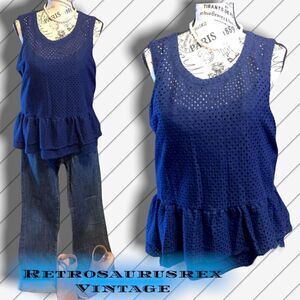 Y2k A.N.A. Peplum Blue Eyelet Lace Sleeveless Plus Size Blouse, XL